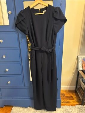 Calvin Klein Navy Short-Sleeve Jumpsuit with Tie Waist